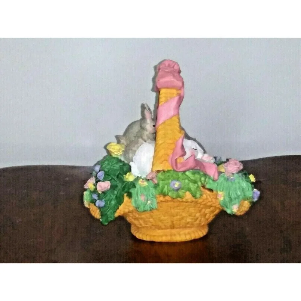 Spring Easter Garden Rabbits Bunny Bunnies in BASKET STATUE figurine resin 7.5